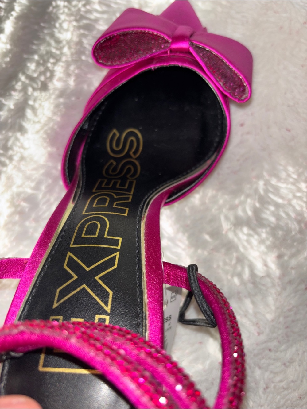 Missing one bling Express Women's Magenta Satin Pointed Toe Bow Slingback Heels - Picture 10 of 14